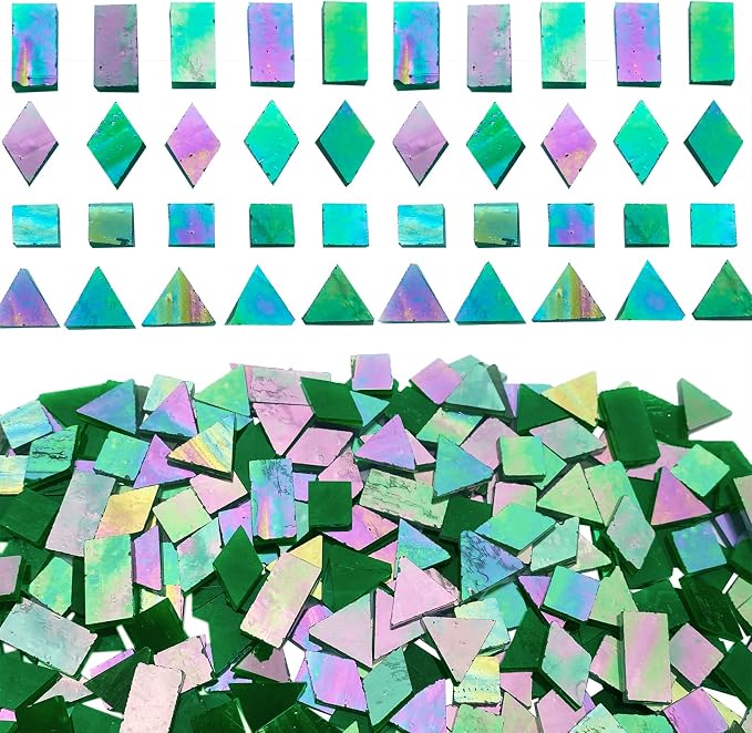 Iridescent Green Mosaic Tiles for Crafts, 280 Pieces Mixed 4 Shapes Stained by KALUCION