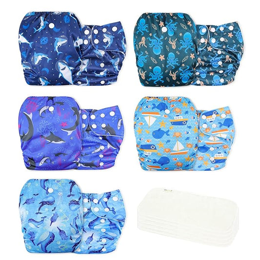 wegreeco Cloth Diapers 5 Pack with 5 Inserts, Washable Cloth Diapers for Babies, One Size Adjustable Reusable (Ocean Adventure)