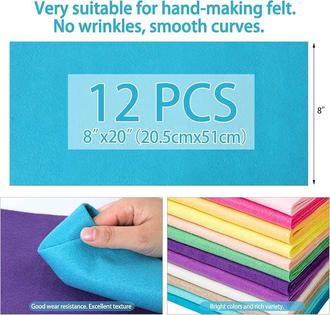 HaoFeiJH 12 Rolls 8"x20" 1.4mm Thick Soft Felt Fabric Sheets – 12 Assorted - Image 3