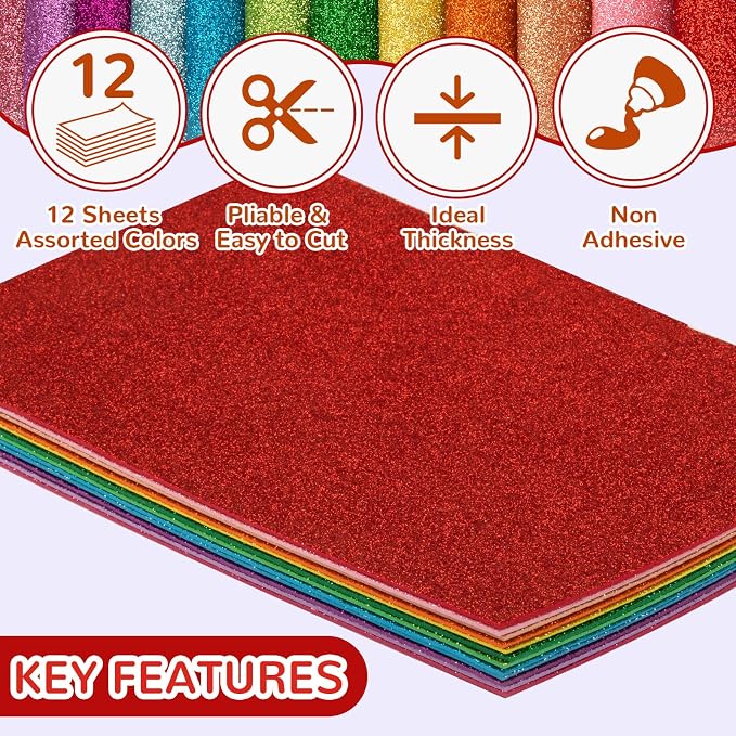 12 Pack Glitter Foam Sheets Craft 8 x 12 inch 12 Colors | Sparkles Foam Paper - Image 4