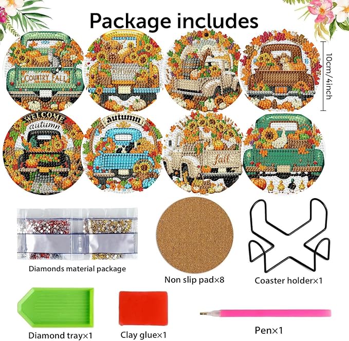 8 Pack Diamond Art Coasters, Autumn Truck Diamond Painting Coasters Kits | Fall - Image 2