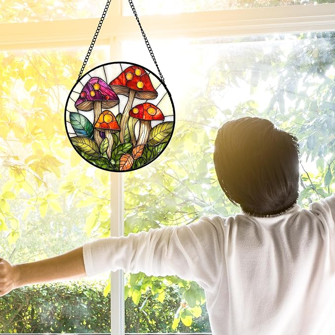 DASTOLL Stained Glass Window Hanging, Mushroom Leaves Suncatcher - Image 2