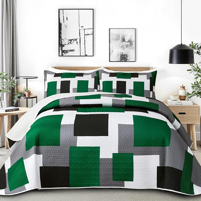 Tyrot 2 Piece Green Quilt Set Twin Size Black Grey White Geometric Reversible by TyrotHomeDecor