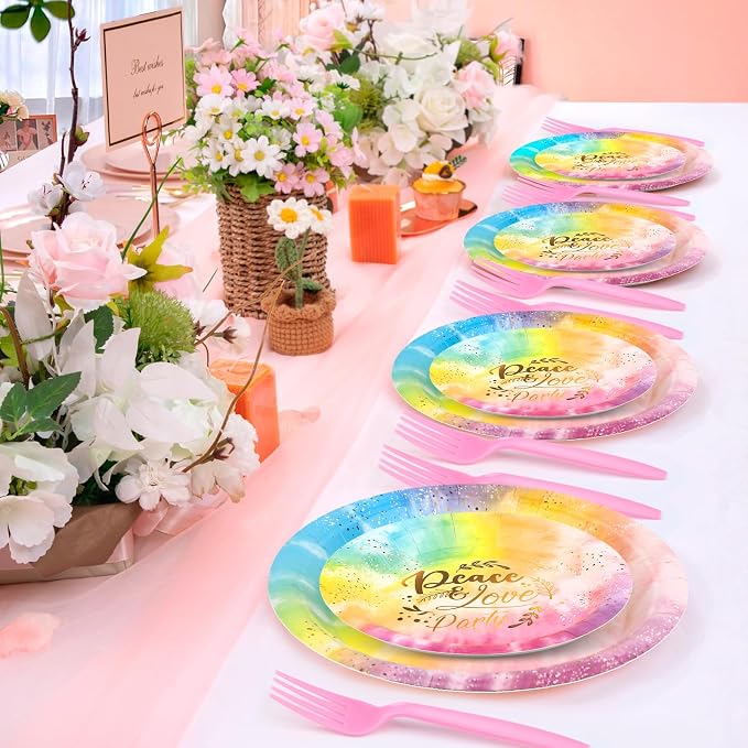 150 PCS Tie Dye Party Supplies, Pastel Tie Dye Tableware Set Napkin Peace Love - Image 5