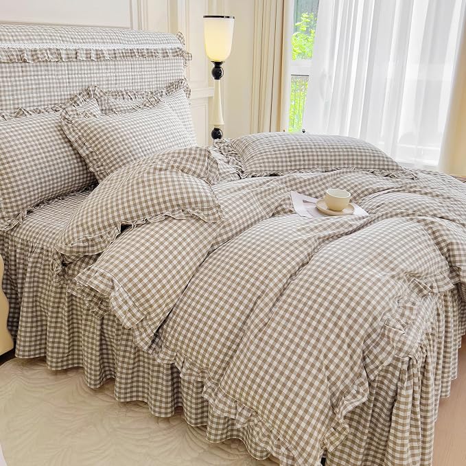 mixinni Tan Gingham Ruffle Duvet Cover Twin Size 3 Pieces – 100% Washed Cotton - Image 5
