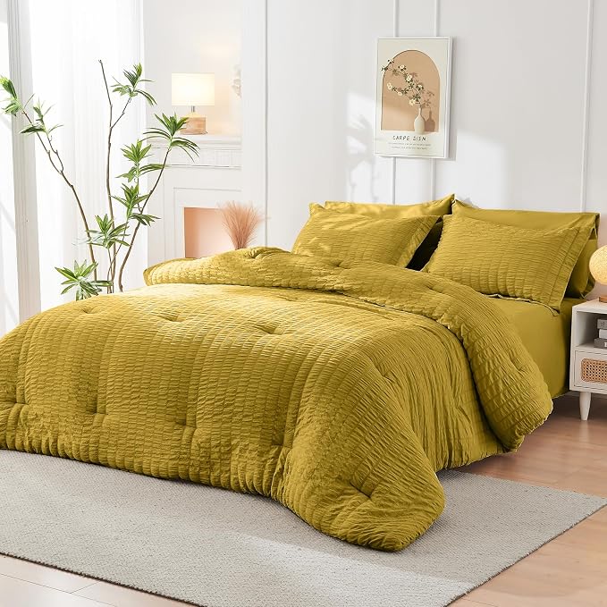 HYMOKEGE Mustard Yellow Queen Comforter Set Seersucker 7 Pieces, All Season - Image 8