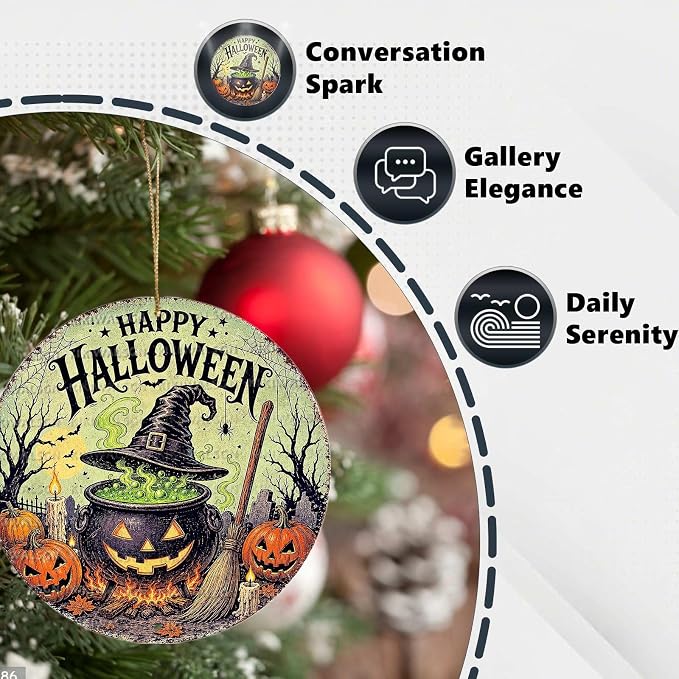 Vintage Witch Cauldron Halloween Metal Tin Sign Round Wall Decor Witch Hat - Image 3