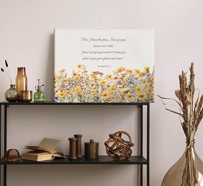YOXORDQ Christian Floral Canvas Wall Art Jeremiah 29:11 Picture Print Yellow - Image 3