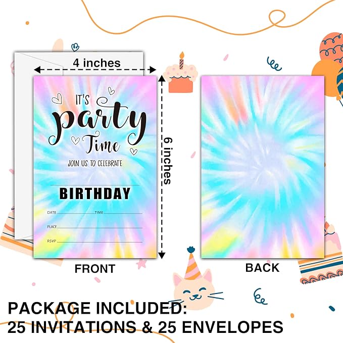 Tie Dye Theme Birthday Invitations, 25 Double-Sided It's Party Time Invitation - Image 2