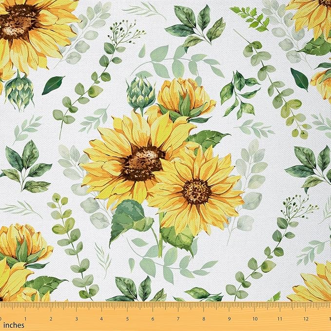 Rustic Sunflowers Fabric by The Yard, Watercolor Floral Flannel Polyester Fabric by CastleFairy