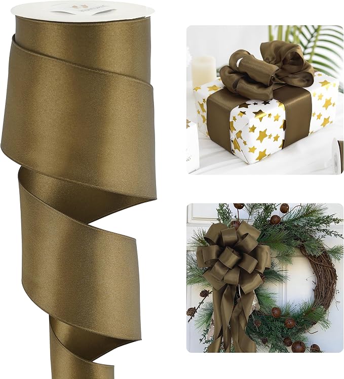 HUIHUANG Brown Wired Ribbon 2.5 inch Brown Satin Wire Ribbon by HUIHUANG
