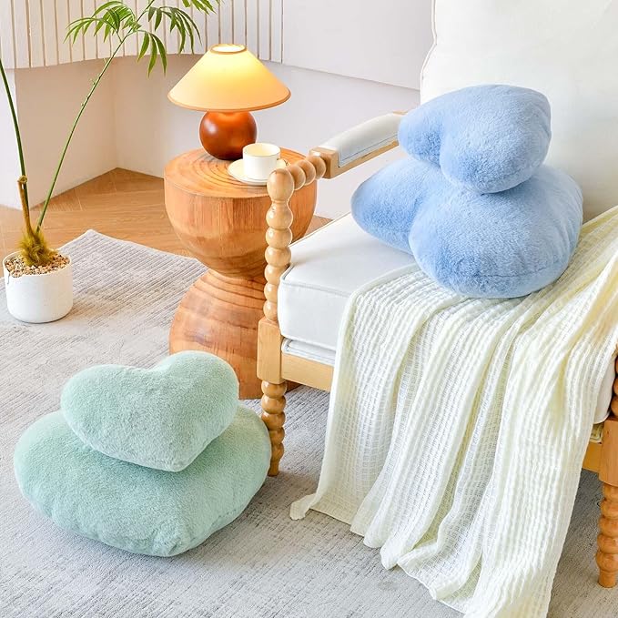 Sage Green Heart Pillows, Cute Heart Decorative Pillow, Heart Shaped Throw Pillows for Bed, Faux Rabbit Fur Plush Hoom Decor Pillow Cushion for Chair Sofa Living Room (Medium-15.7"x11.8")