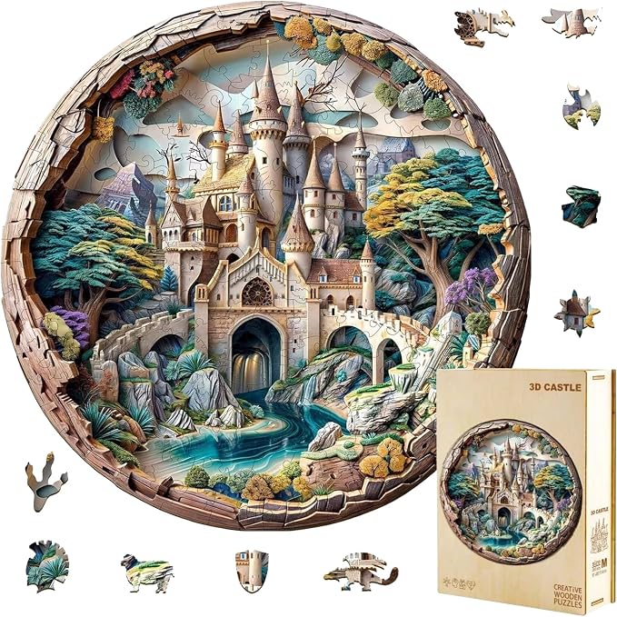 Wooden Puzzles Adults, 3D Fantasy Castle Round Wood Puzzle 300 Pieces, Unique by Jollitot