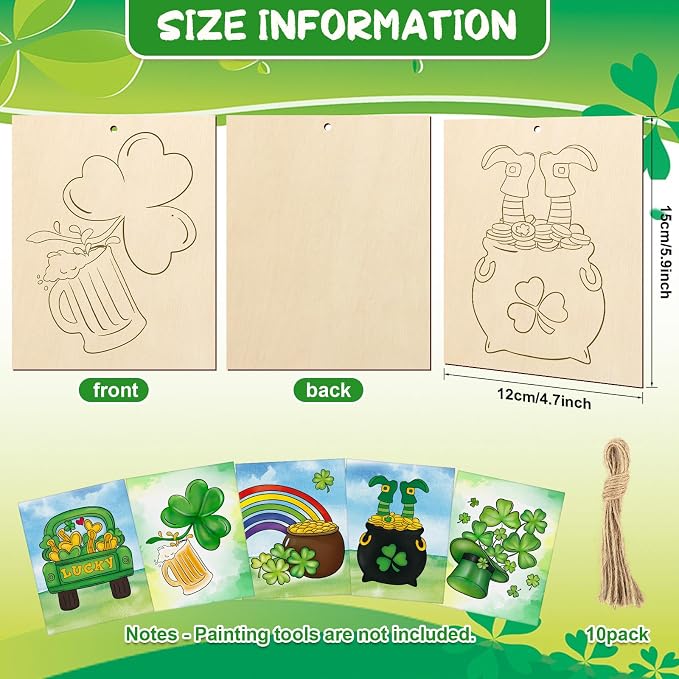 COCHIE 10 Pieces Large St. Patrick's Day Unfinished Wood Crafts to Paint - Image 2