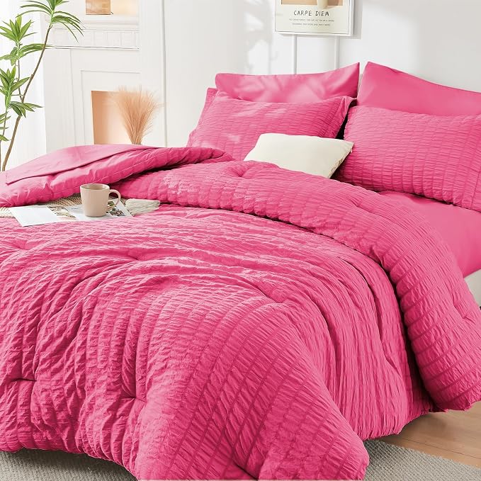 HYMOKEGE Hot Pink California King Comforter Set Seersucker 7 Pieces, All Season by HYMOKEGE