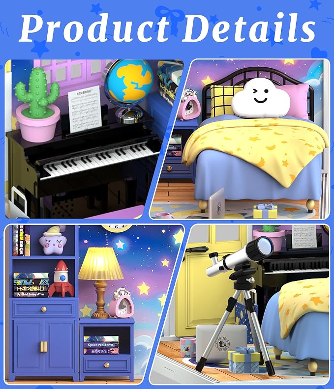 Starry Night Bedroom Miniature House Kit, DIY Space-Themed Dollhouse - Image 3