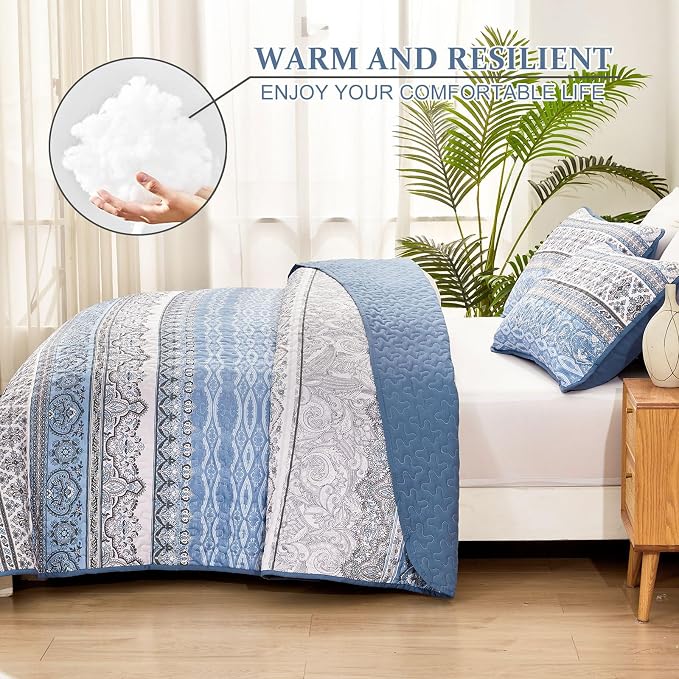 WONGS BEDDING Boho King Quilt Set, Light Blue Bohemian King Quilt Bedding Set - Image 4