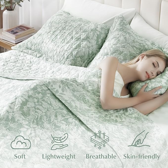 GOONE XL Queen Quilt Set 90x96 Inches, Sage Green Leaf Botanical Boho Bedspread - Image 4