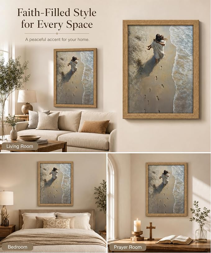 Framed Jesus Holding Woman Canvas Print.Footprints in The Sand Wall Art.Wood - Image 4