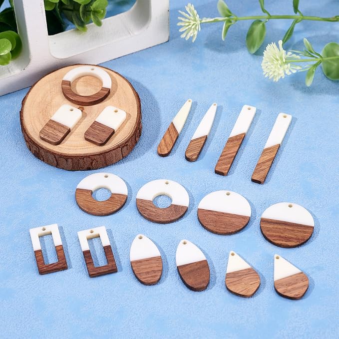 FASHEWELRY 20Pcs Resin & Wood Pendants 10 Styles Rectangle Teardrop Rhombus - Image 7