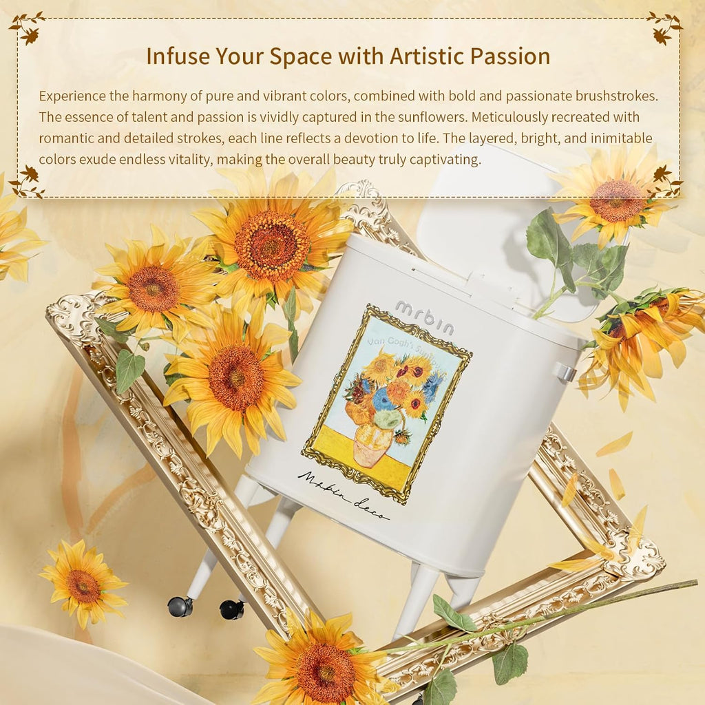 MRBIN Metal Kitchen Trash Can with Wheel Legs, 36L / 9.5gal Medium Press Lid Slim Waste Basket, Pet Proof Tall Narrow Garbage Pail for Vanity, Bedroom, Bathroom, Living Room, Sunflower