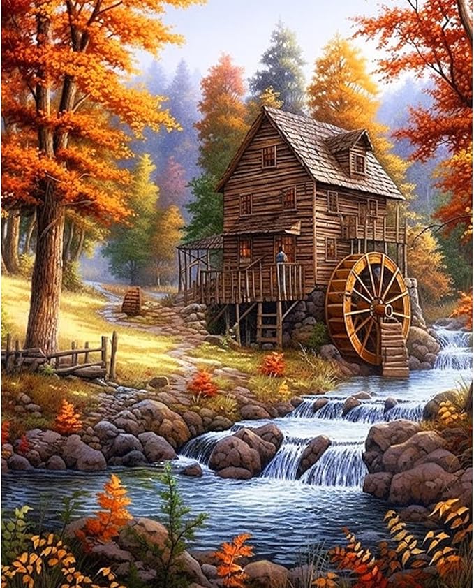 Fountor Paint by Numbers Kit for Adults Beginner, Fall Landscape Adult Paint by by Fountor
