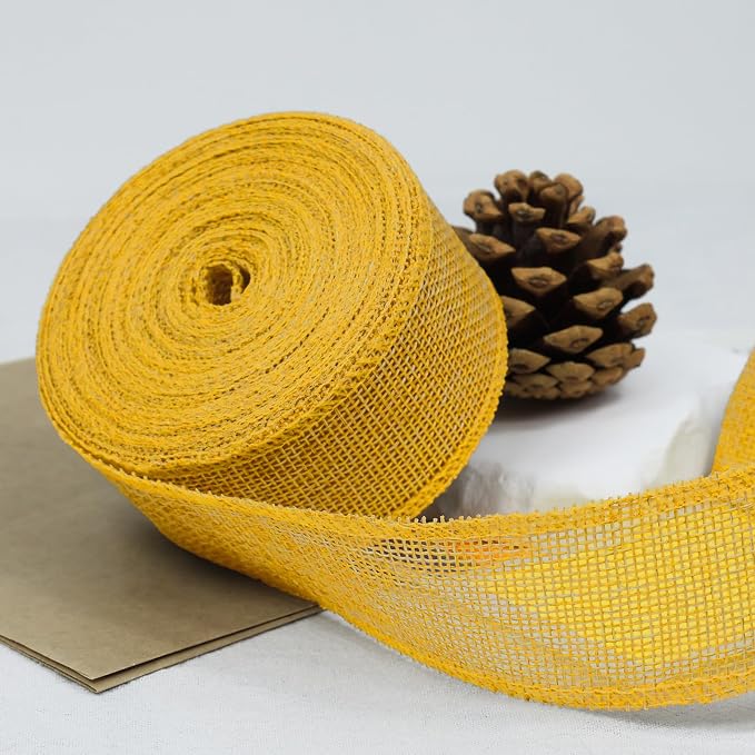 Gold Yellow Burlap Ribbon 1-1/2 in X 10 Yard Yellow Wired Ribbon | Natural - Image 3