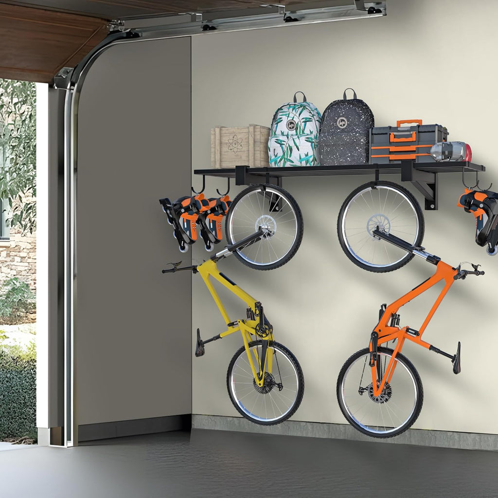 1-Pack Garage Wall Shelving,Heavy Duty Garage Storage Shelves, Wall Mounted Storage Shelving with 6 Hooks, 250LB Capacity, Black