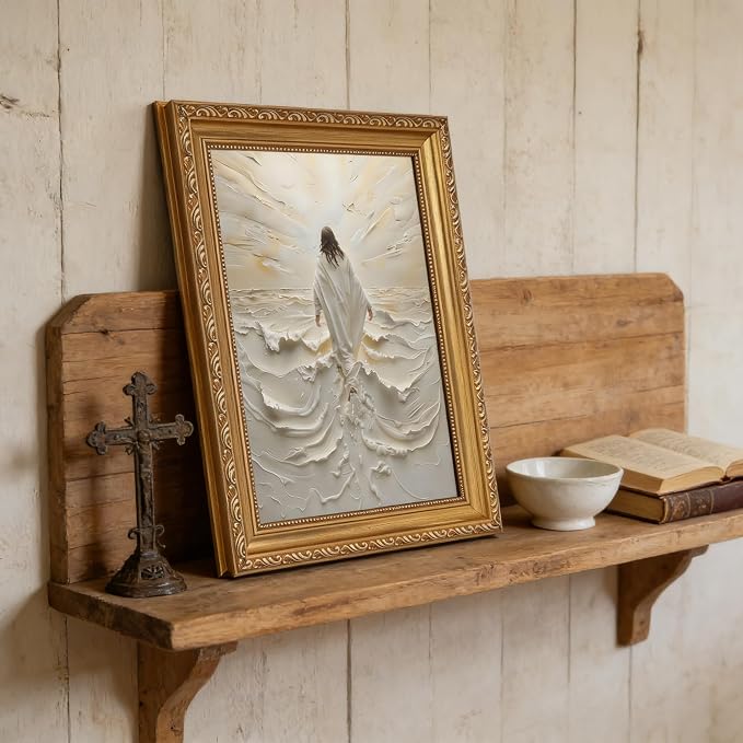 Vintage Gold Framed Jesus Wall Art Abstract Jesus Walking on Water Christian - Image 7