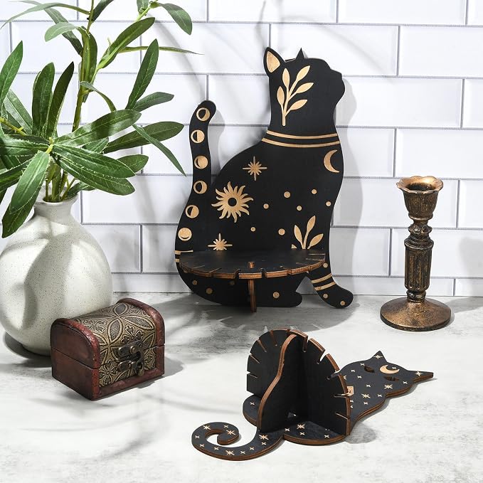 2 pcs 2 Styles Black Cat Theme Wooden Display Shelf Gothic Animal Floating - Image 5