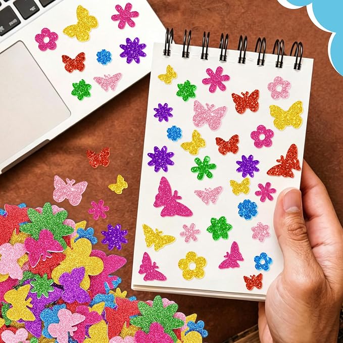 448 Pcs Glitter Foam Stickers, Butterfly & Flower Shapes Stickers, 7 Sheets - Image 8