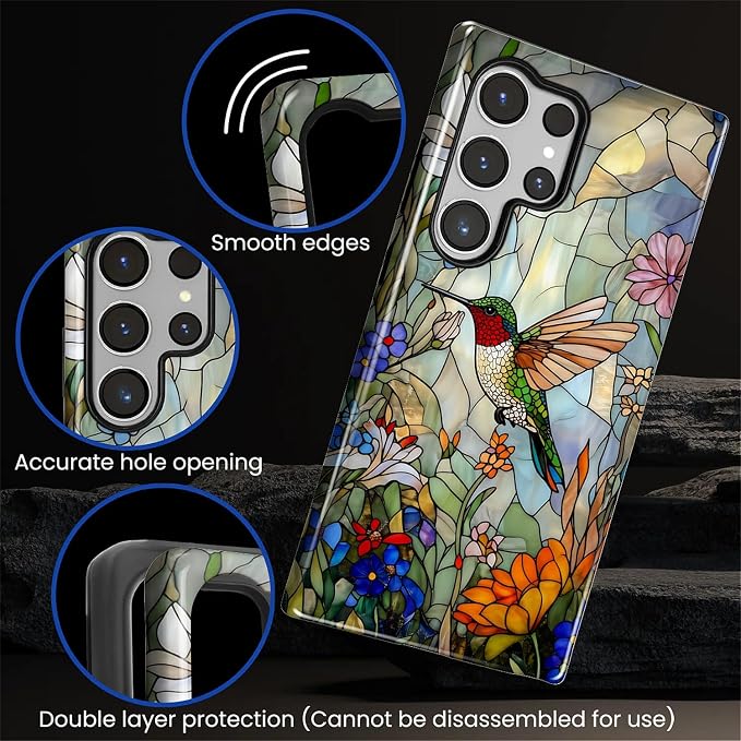 for Samsung Galaxy S24 Ultra Case, Hummingbird Wildflower Stained Glass Pattern - Image 6