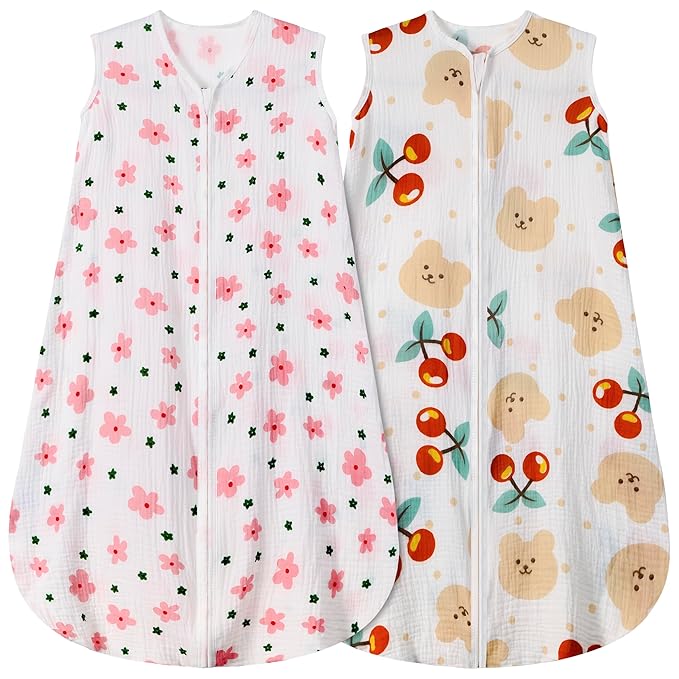 2 Pack Baby Sleep Sack 18-24 Months 100% Organic Cotton Muslin Baby Sleeping Bag 2-Way Zipper Wearable Blankets (Flower & Cherry, X-Large)