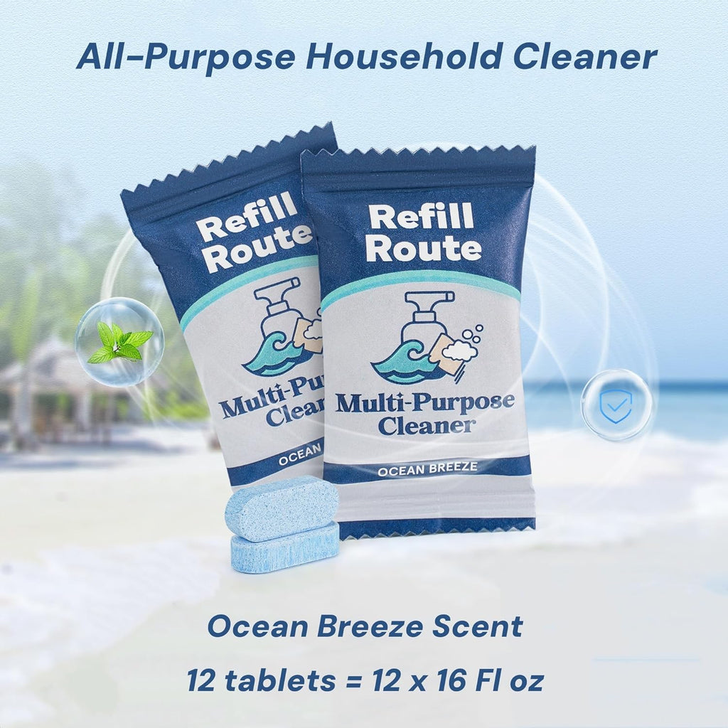 All Purpose Cleaning Tablet Kit with Reusable Glass Spray Bottle - Multipurpose Cleaner Spray Refills - 192 fl oz Total (12x 16 fl oz bottles of spray cleaner) - Plant-Based Cleaner - Ocean Breeze