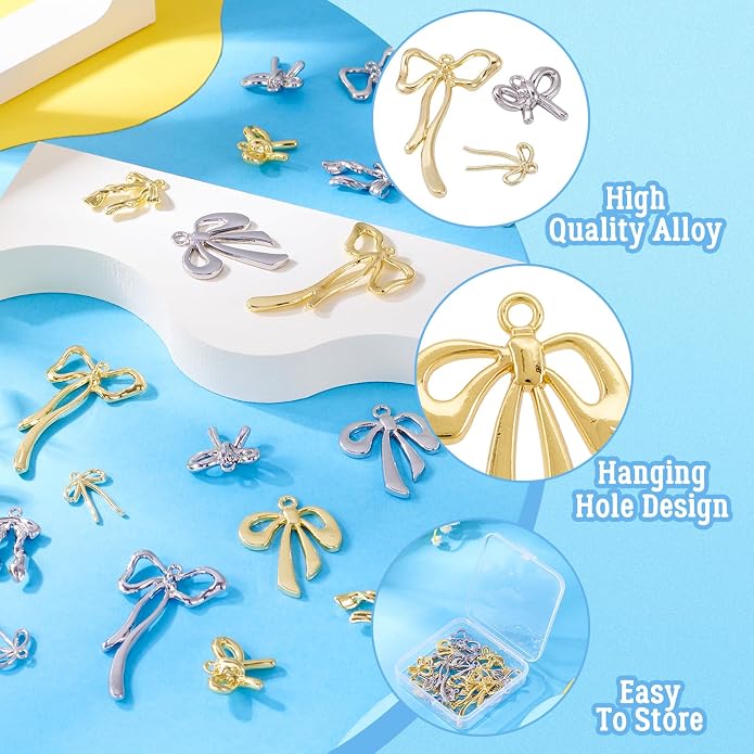 FASHEWELRY Alloy Bowknot Charms Links Golden Bow Tie Connector Charms Metal Bow - Image 2