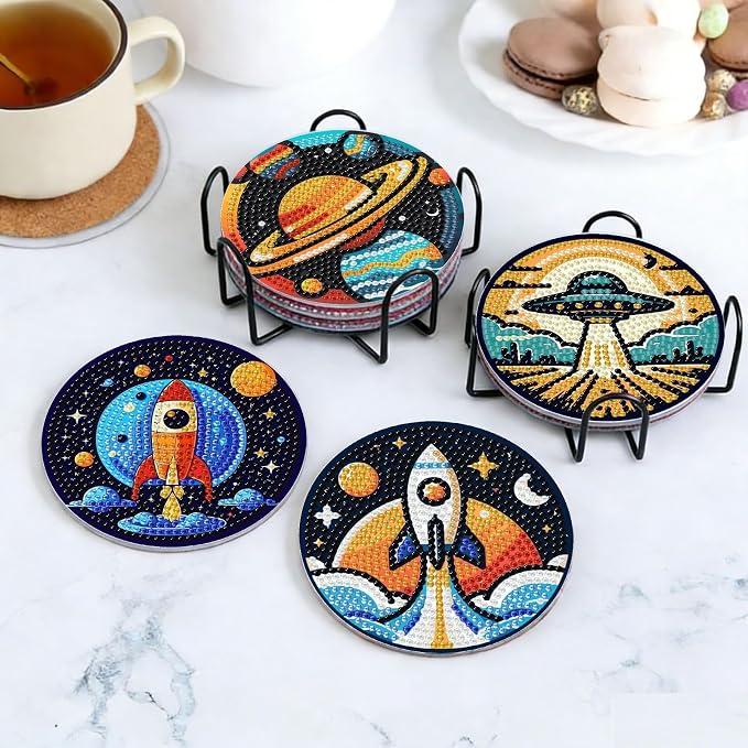 8PCS Outer Space Diamond Art Coasters Kit, Cute Spaceship Diamond Painting - Image 2