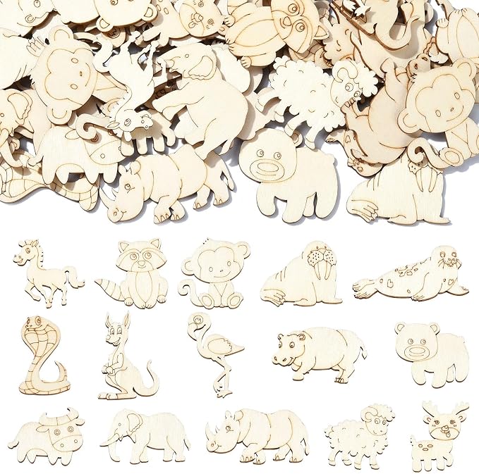 100 Pcs Unfinished Wooden Animal Cutouts Cute Blank Wood Slices by URURLIFEHALL