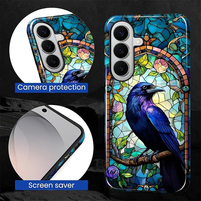 for Samsung Galaxy S26+ Case, Crow Faux Stained Glass Pattern Glossy 2 in 1 - Image 5
