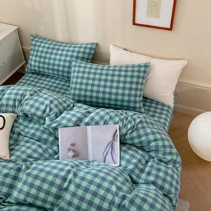 mixinni Green Gingham Grid Duvet Cover Full, 100% Washed Cotton Modern - Image 4