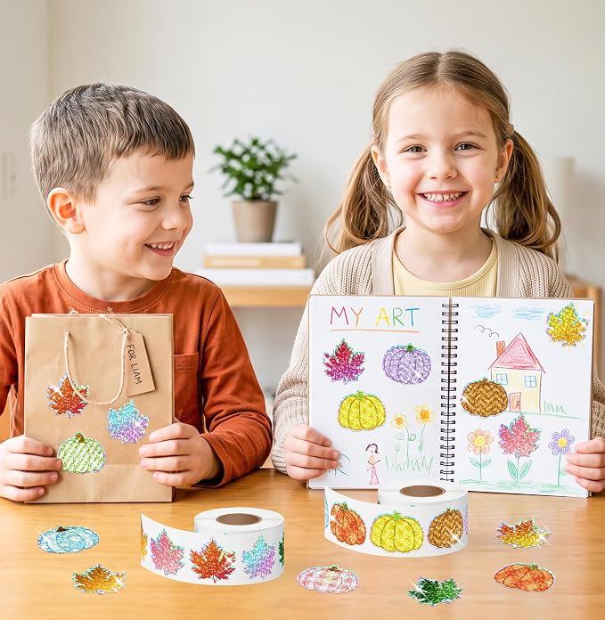 1000Pcs Fall Thanksgiving Stickers Rolls Holographic Glitter Autumn Decals | - Image 3