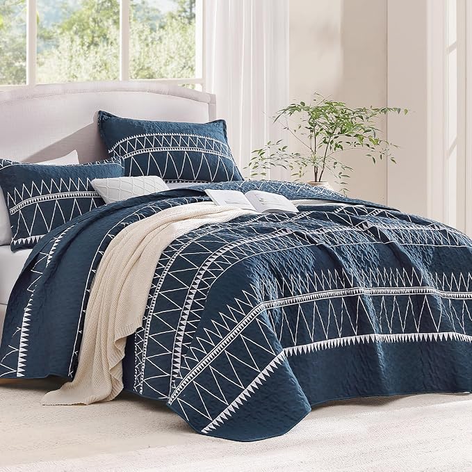 Andency Navy Twin Quilt Set, 2 Pieces Boho Lightweight Soft Striped Bedspread - Image 2