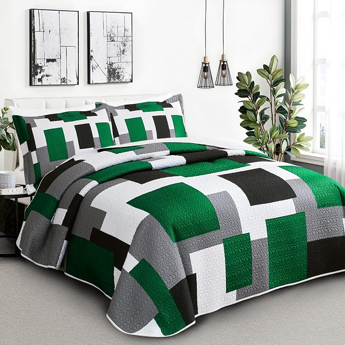 Tyrot 3 Piece Green Quilt Set California King Size Black Grey White Geometric - Image 2