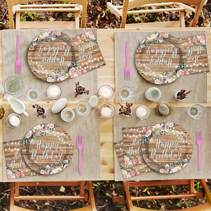 96PCS Spring Floral Birthday Party Plates Wood Grain Pink Flower Rustic - Image 5