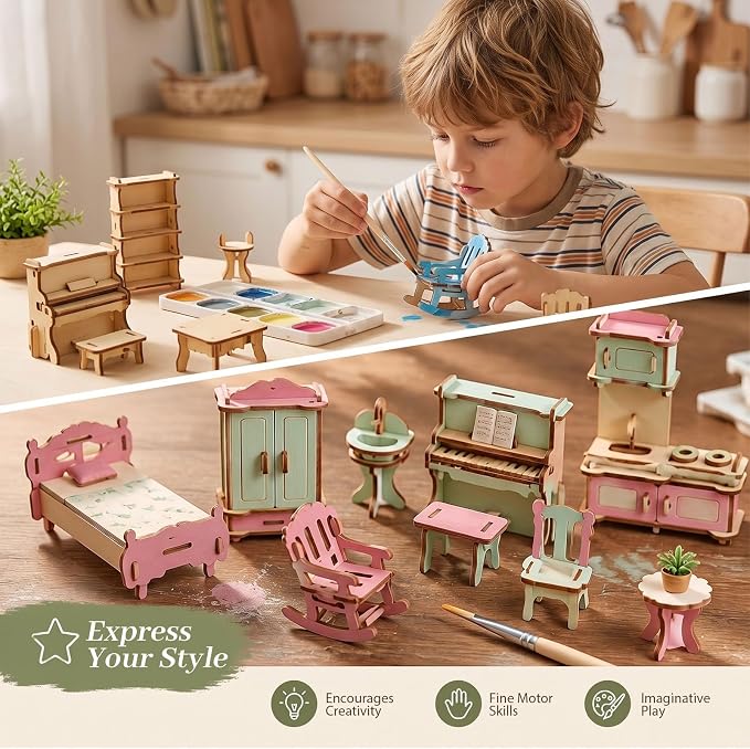 LOVEINUSA 34 PCS DIY Wooden Dollhouse Furniture Set, 1:20 Scale Miniature Room - Image 4