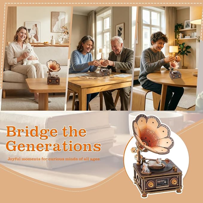 3D Wooden Puzzle Mechanical Gramophone, Wood Model Kits - Image 5