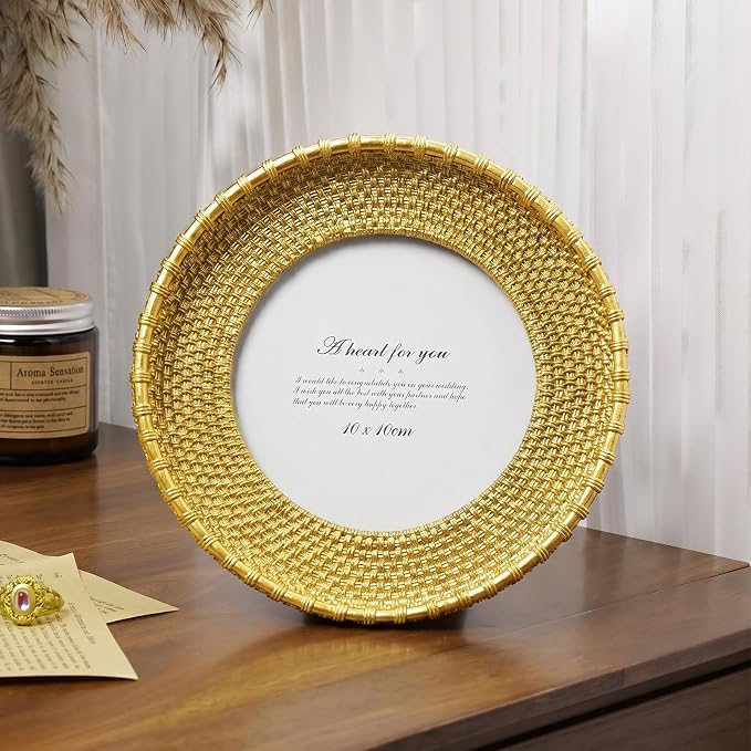 Cuspin 4x4 Round Gold Picture Frame, Vintage Woven Circle Photo Frame - Image 2