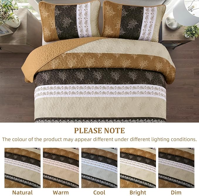 DJY Brown Quilt Set Queen Striped Bedspread Coverlet Set 3 Pieces Boho Branch - Image 4