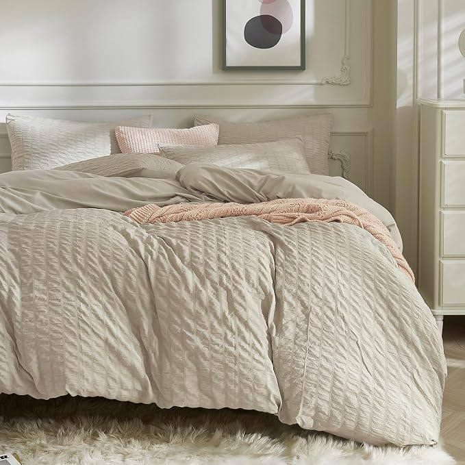 JELLYMONI Light Khaki Duvet Cover Full Size, Soft Breathable Seersucker Duvet by JELLYMONI