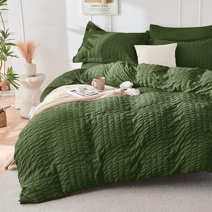 HYMOKEGE Olive Green Full Size Comforter Sets Seersucker 7 Pieces, All Season - Image 2