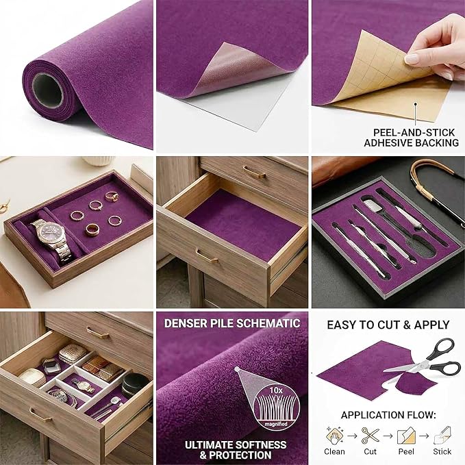 Dark Purple Self Adhesive Soft Velvet Drawer Liner DIY Fabric Felt Liner - Image 5